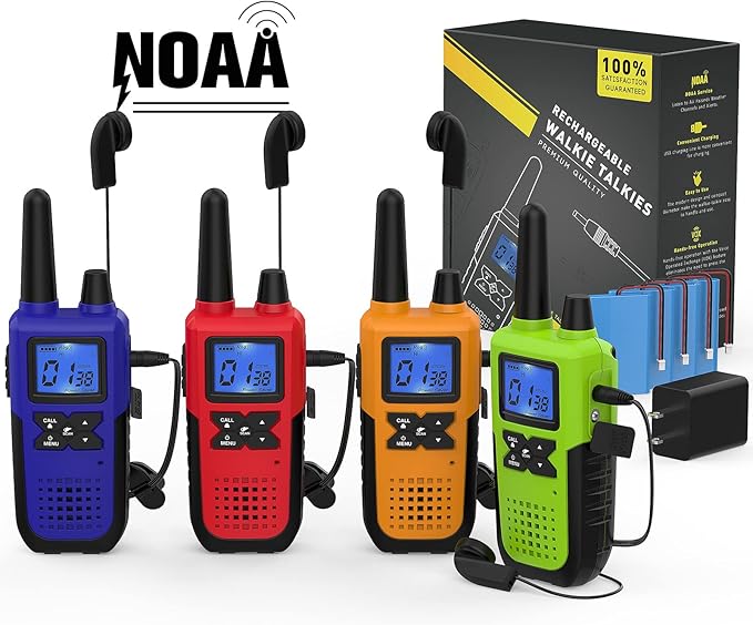 4 Walkie Talkies for Adults Long Range Walkie Talkies Rechargeable - Long Distance Walkie Talkies 4 Pack Family 2 Way Radios Walkie Talkies with Earpiece and Mic Set USB Charger Battery NOAA Alert