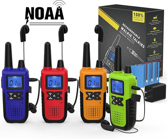 4 Walkie Talkies for Adults Long Range Walkie Talkies Rechargeable - Long Distance Walkie Talkies 4 Pack Family 2 Way Radios Walkie Talkies with Earpiece and Mic Set USB Charger Battery NOAA Alert