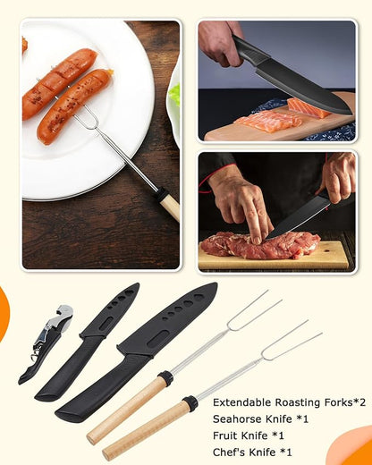 Camping Cooking Set - Camping Utensil Set Car Camping Cooking Essentials Gear for Camp Kitchen Cooking and Grilling, Stainless Steel & Silicone Ideal Gift for RV Tent Camper, Picnics, BBQs
