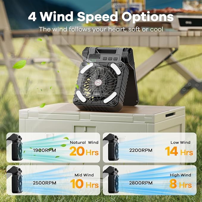 Solar Powered Fan for Camping, 10400mAh Rechargeable Battery Operated Portable Fan with LED Lantern, 4 Speeds Powerful Wind and 3 Timer Table Fan, for Picnic, Hurricane, Fishing, (Black)