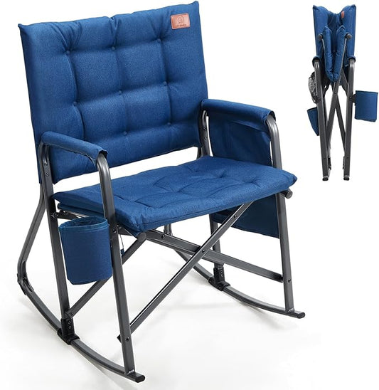 EVER ADVANCED Lightweight Folding Rocking Camping Chair, Padded Portable Rocker Chair for Patio, Lawn and Outdoors, Heavy Duty Hard Armchair for Adults, Blue