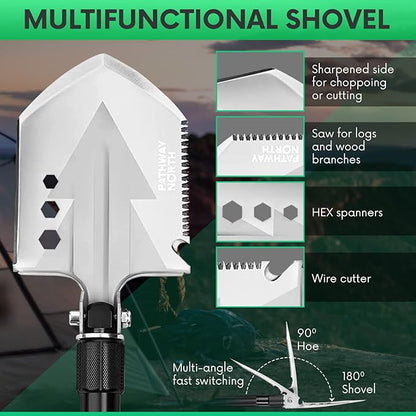 Survival Shovel Stainless Steel Folding Multi-Tool Survival Flashlight – Equipment for Outdoor With Self Defense Hiking Stick Hunting Emergency Survival Kit For Backpacking, Camping Gear