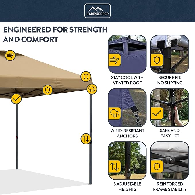 KAMPKEEPER 10x10 Pop Up Canopy Tent with 2 Sidewalls - Waterproof Outdoor Shelter for Sun Shade, Camping, Beach, Patio and Backyard Events, Khaki