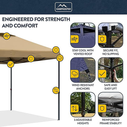 KAMPKEEPER 10x10 Pop Up Canopy Tent with 2 Sidewalls - Waterproof Outdoor Shelter for Sun Shade, Camping, Beach, Patio and Backyard Events, Khaki