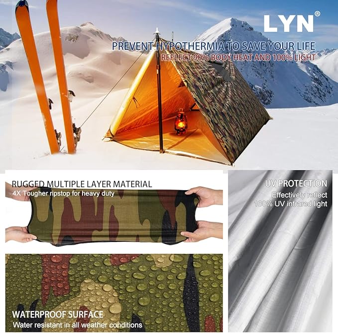 LYN Extra Large Zipper Reusable Survival Emergency Shelter Tent,Thermal Waterproof Fireproof Lightweight Bugout, with Paracord✚Stake for Camping,First Aid,Hiking&Bushcraft
