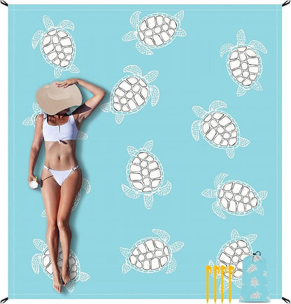 Beach Blanket Waterproof Sandproof Oversized, 10'X 9' Extra Large Beach Mat Fits Up to 10 People, Lightweight & Compact Polyester Picnic Blankets for Outdoor, Travel, Camping, Hiking-Baby Sea Turtle