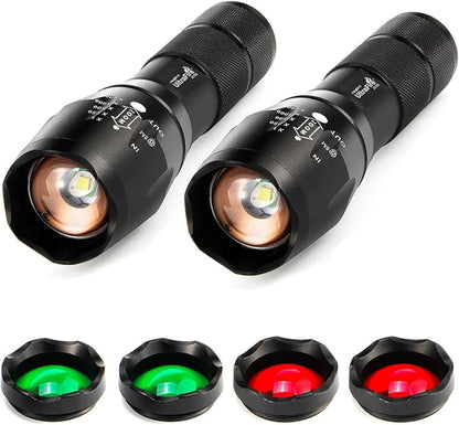 ULTRAFIRE 2 Pack A100 LED Hunting Flashlight,800 Lumen 3-Color-Light Tactical Flashlight 5 Modes Zoomable Small LED Hand held Flashlights (White Light/RED Light/Green Light)