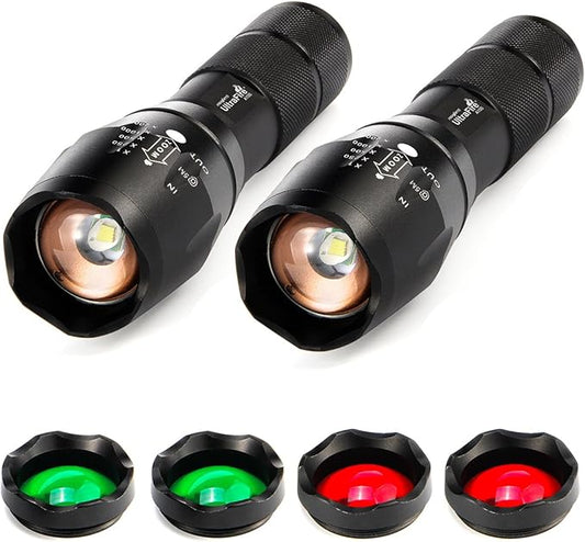 ULTRAFIRE 2 Pack A100 LED Hunting Flashlight,800 Lumen 3-Color-Light Tactical Flashlight 5 Modes Zoomable Small LED Hand held Flashlights (White Light/RED Light/Green Light)