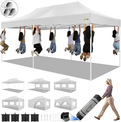 HOTEEL 10x20 Pop up Canopy Tent for Parties, Heavy Duty Easy Setup Tent with 6 Sidewalls, Outdoor Commercial Instant Gazebo for Wedding Event, with Roller Bag & Sand Bags, White(Hexagonal Frame)