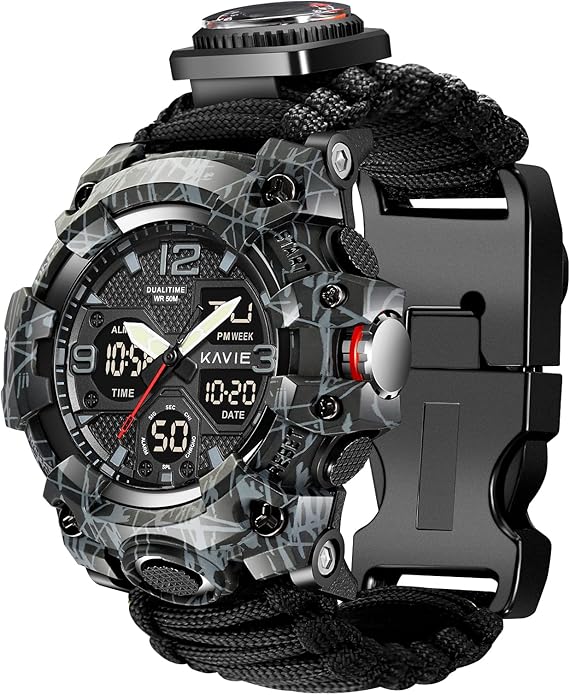 23-in-1 Survival Military Digital Watch, Mens Tactical Multi-Functional and Adjustable Wristband Outdoors Waterproof Sports Dual Dial Watches with Compass Paracord Band