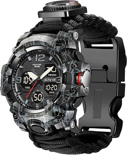 23-in-1 Survival Military Digital Watch, Mens Tactical Multi-Functional and Adjustable Wristband Outdoors Waterproof Sports Dual Dial Watches with Compass Paracord Band