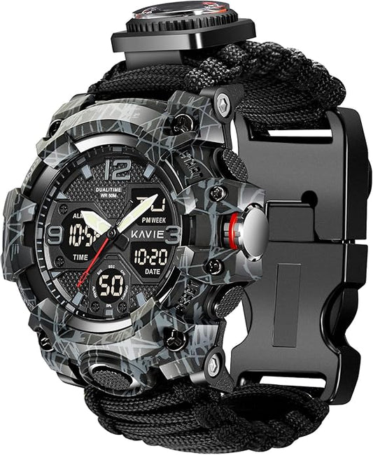 23-in-1 Survival Military Digital Watch, Mens Tactical Multi-Functional and Adjustable Wristband Outdoors Waterproof Sports Dual Dial Watches with Compass Paracord Band