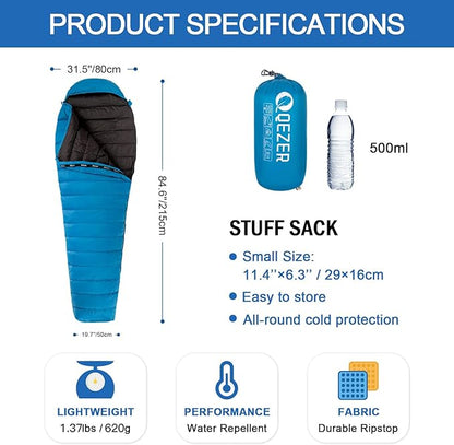 Ultralight Down Sleeping Bag for Adults with 600 Fill Power, Compact Sleeping Bag for Backpacking, Hiking and Camping