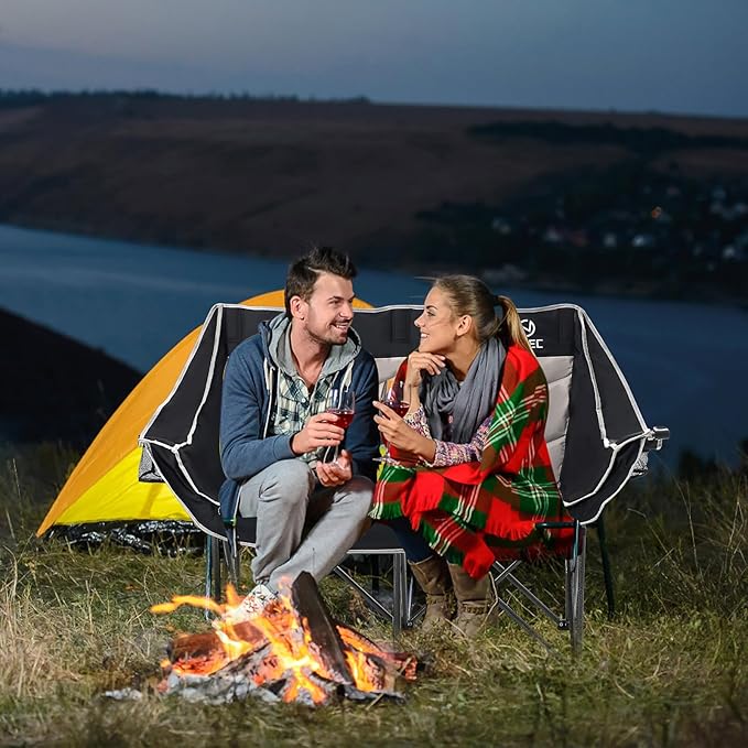 Nice C Loveseat Camping Chair, Double Camping Chair, Outdoor Camping Couch, Oversized Camping Loveseat, Padded Folding Chair for Adults, with Cooler Bag, Wine Glass Holder (Black&Grey)