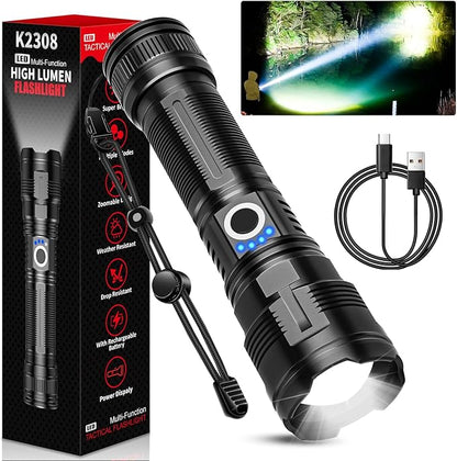 Rechargeable Tactical Flashlights High Lumens,100,000 Lumens Super Bright LED Flashlight,Powerful Flash Light with 5 Modes,Waterproof,Power Handheld Flashlight for Emergency,Camping,Hurricane,Hiking