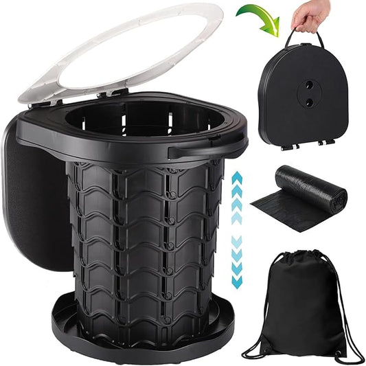 Fishboy Upgraded Portable Toilet for Camping, Adjustable Retractable Outdoor Toilet, Travel Potty with Carrying Handle and Storage Bag for Adults Kids for Hiking, Trips, Tent, Boat, Beach (Black)