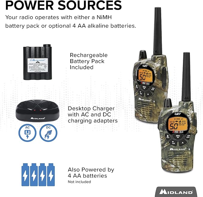Midland – Handheld GMRS 50 Channel Two-Way Radio - Long Range Walkie Talkies with Rechargeable Batteries - GXT1050VP4 - Hiking Hunting Camping Gear – Boom Mic headsets - Mossy Oak Camo – Combo 2 Pack