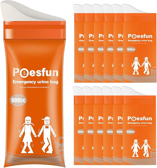 Portable Emergency Urinal Bag, 12 Pack Travel Urine Bag, 900ml Unisex Pee Bag, Resealable Disposable Urinal for car, Traffic Jams, Camping, Road Trips, Pregnant Women, Patients, Children