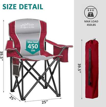 Camping Chair with Cooler Bag, Cup Holder, Storage Pocket, Heavy Duty 450lbs Capacity with Large Anti-Sink Feet, Portable Folding Padded Chair for Outdoor, Beach, Fishing, Sports, Red 2Pack