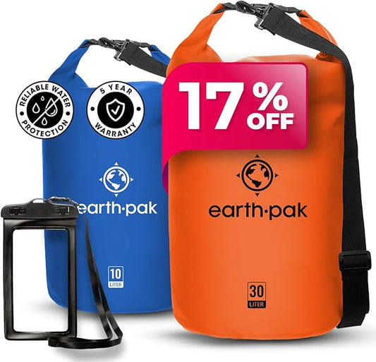 Earth Pak Waterproof Dry Bag - Roll Top Waterproof Backpack Sack (Blue 10L & Orange 30L)