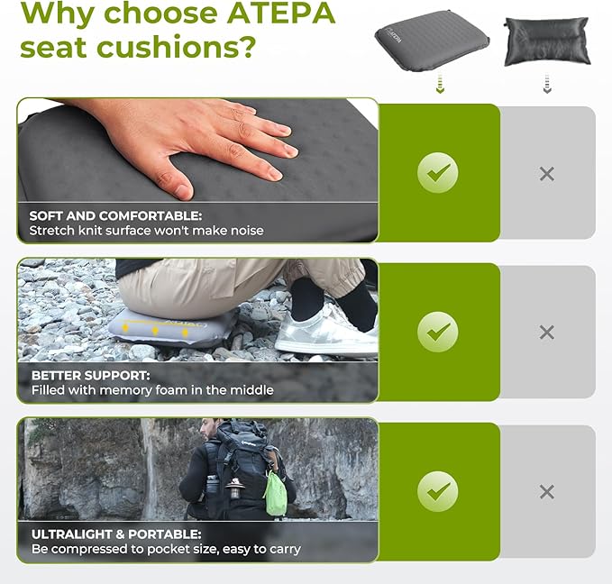 ATEPA Inflatable Stadium Seat Cushion, Self-Inflating Memory Foam Stadium Seats Camping Accessories Chair Pad for Outdoor Airplane Travel Bleacher Patio Backpacking