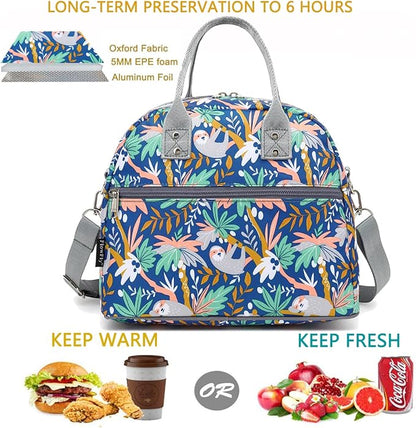 FlowFly Insulated Lunch Bag With Shoulder Strap for Women, Men, and Kids, Large and Reusable, Handle, Freezable Work and School Travel Tote and Meal Prep Organizer,Sloth