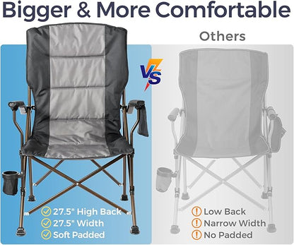 Large High Back Camping Chair for Adults - Comfortable Oversized for Tall People, Heavy Duty & 450lbs Capacity K-Frame, Padded Seat & Armrests for Sitting Fishing Outside, Cup Holder (Black)
