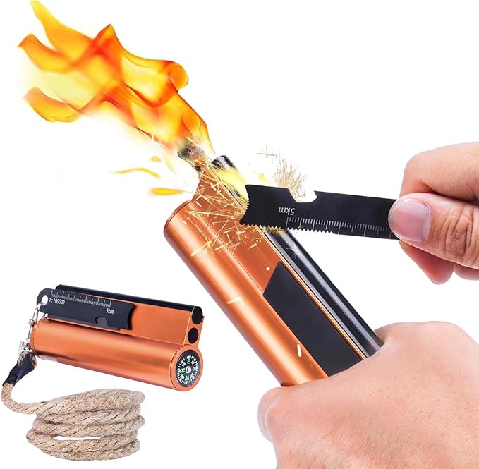 Flint and Steel Fire Starter Kit 7-in-1 Ferro Rod Fire Steel Bushcraft Equipment, Portable Survival Magnesium Kit with 36" Waterproof Wick Rope, Multi Tool Scraper, Compass for Camping Hiking
