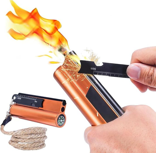 Flint and Steel Fire Starter Kit 7-in-1 Ferro Rod Fire Steel Bushcraft Equipment, Portable Survival Magnesium Kit with 36" Waterproof Wick Rope, Multi Tool Scraper, Compass for Camping Hiking