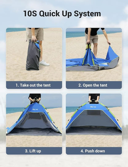 Pop Up Beach Tent Sun Shade Shelter for 3-4 Person with UPF 50+, Lightweight & Easy Setup, Vent Windows & Zippered Door, Extended Floor Family Instant Beach Tent