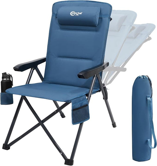 PORTAL Reclining Camping Chair with Adjustable Back Folding Camp Recliner for Adults Portable High Back Oversized, 400LBS (Blue)