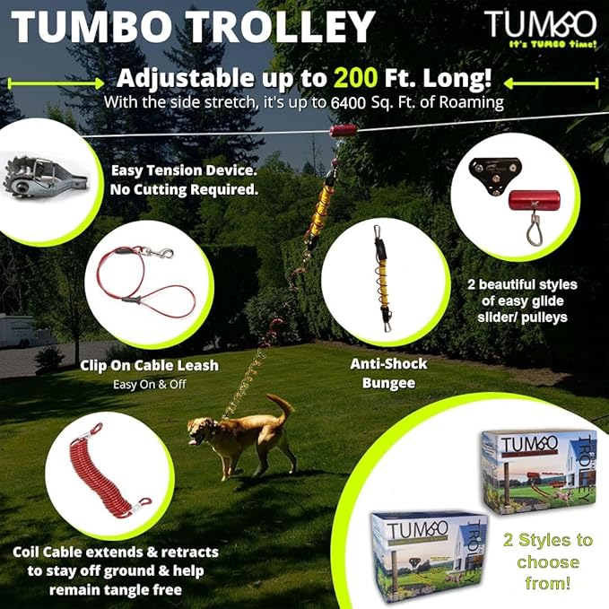 Tumbo Xtreme Trolley 150ft - Anti-Shock Aerial Dog Runner for Yard - Heavy Duty Pulley - Large Dog Gear - Best Dog Run Zipline for Backyards - Trolley System Camping - 100ft / 150ft / 200ft