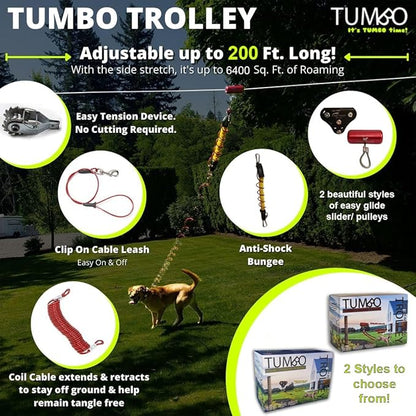 Tumbo Xtreme Trolley 150ft - Anti-Shock Aerial Dog Runner for Yard - Heavy Duty Pulley - Large Dog Gear - Best Dog Run Zipline for Backyards - Trolley System Camping - 100ft / 150ft / 200ft