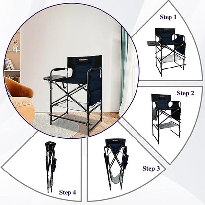 Tall Folding Directors Chair with Side Table 30.71" Seat Height Foldable Camping Chair Bar Stool for Makeup Artist Face Painting with Footrest and Storage Pocket Supports 350LBS