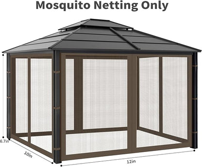 Gazebo Replacement Mosquito Netting Outdoor Universal Gazebo Canopy 4-Panels Screen Sidewalls with Zipper for Patio Garden (Coffee, 10x12)