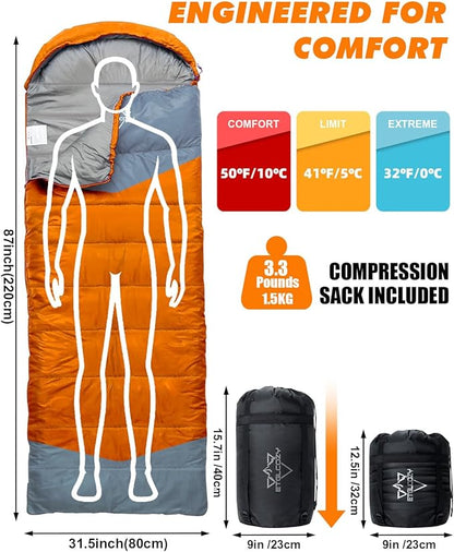 Sleeping Bag for Adults Cold Weather & Warm, Lightweight Backpacking Camping Hiking Essentials Gear for Kids 10-12 Girls Boys Compact w/Compression Sack Indoor Outdoor Sleep Must Haves