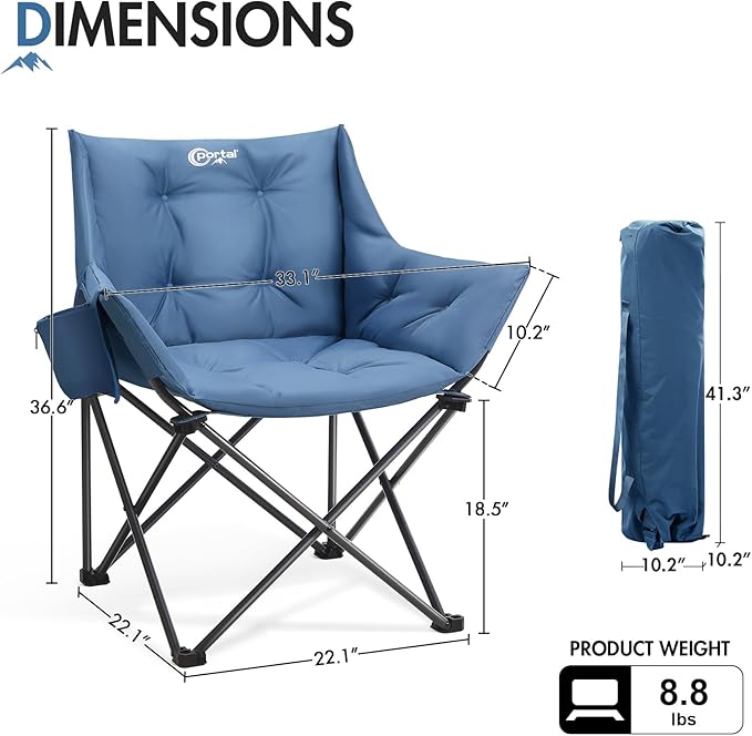 Portal Oversized Padded Camping Chair - Heavy Duty Folding Chair with Cup Holder & Side Pocket, Supports 330 lbs, for Camping, Lawn, Sports, Blue