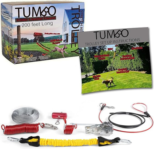 Tumbo Trolley 100ft - Anti-Shock Aerial Dog Runner for Yard Small and Large Dog - Heavy Duty Dog Gear - Best Dog Run and Zipline for Backyards - Trolley System Camping - 100ft / 150ft / 200ft