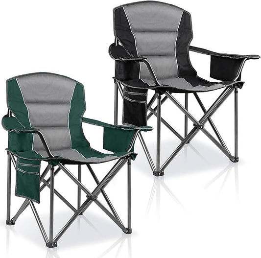 2 Pack Oversized Folding Camping Chairs for Adults, Heavy Duty Lawn Chairs with Cup Holder Storage and Cooler Bag, 450 LBS Weight Capacity, Padded Collapsible Chairs for Outdoor, Garden & Beach