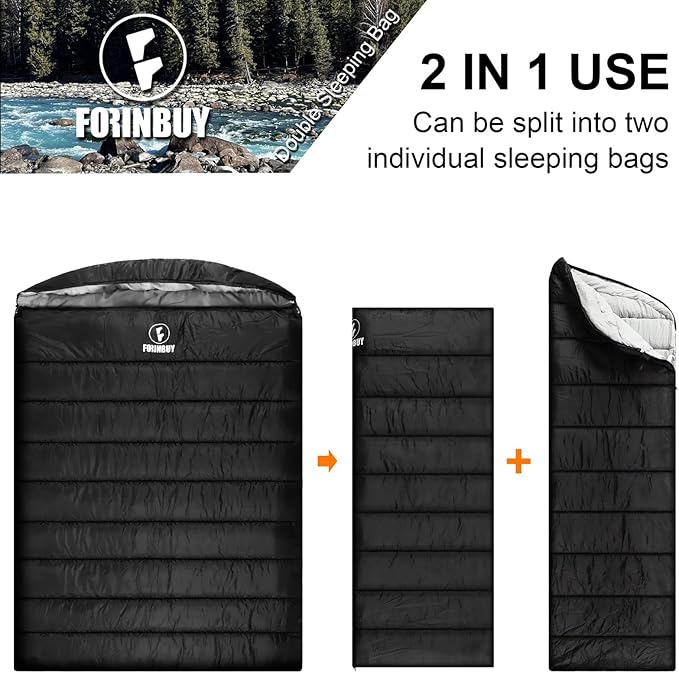 0 Degree Double Sleeping Bag for Adults, 2 Person Cold Weather Queen Size Sleeping Bag for Camping, RV Travel, or Family Outdoors