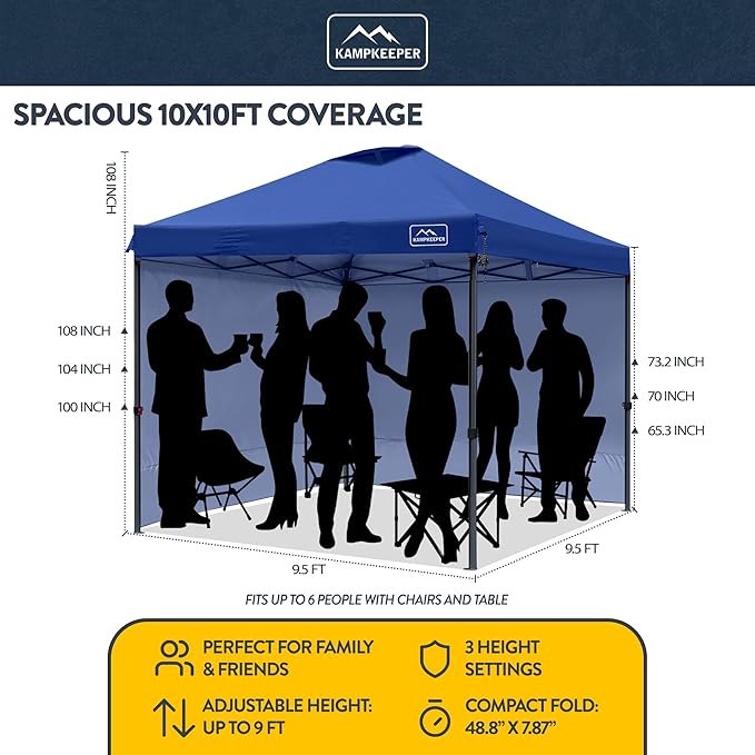 KAMPKEEPER 10x10 Pop Up Canopy Tent with 2 Sidewalls - Waterproof Outdoor Shelter for Sun Shade, Camping, Beach, Patio and Backyard Events, Navy Blue
