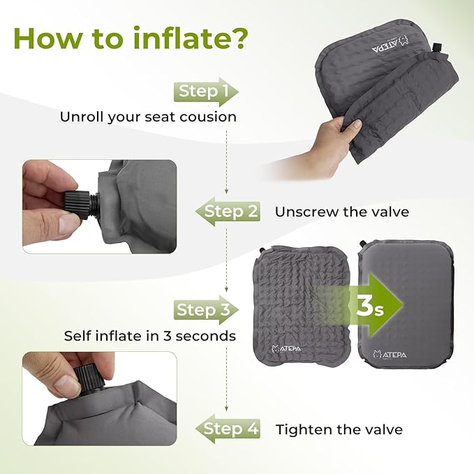 ATEPA Inflatable Stadium Seat Cushion, Self-Inflating Memory Foam Stadium Seats Camping Accessories Chair Pad for Outdoor Airplane Travel Bleacher Patio Backpacking