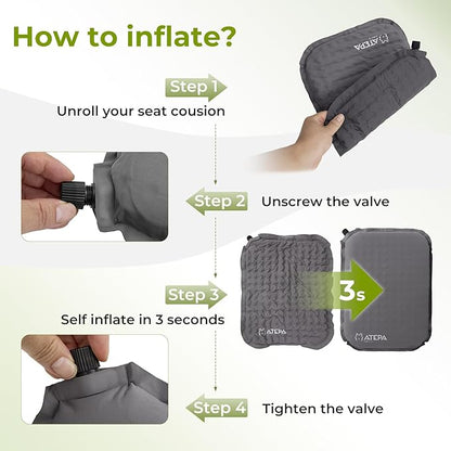 ATEPA Inflatable Stadium Seat Cushion, Self-Inflating Memory Foam Stadium Seats Camping Accessories Chair Pad for Outdoor Airplane Travel Bleacher Patio Backpacking