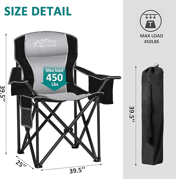 Heavy Duty Folding Camping Chair with Cooler Bag, Cup Holder, Storage Pocket, 450lbs Capacity with Large Anti-Sink Feet, Portable Padded Chair for Camping, Beach, Fishing, Sports, Black