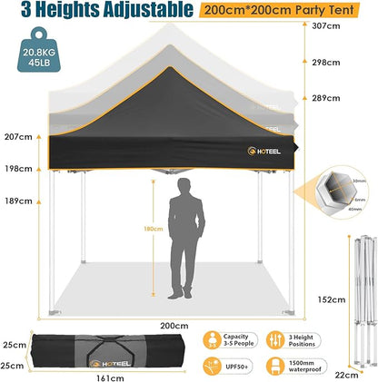 Hoteel 6.6 x 6.6 Pop up Canopy,Easy Up Heavy Duty Canopy with 4 Sidewalls,Upgrade Hexagonal Tube UPF50+ 1500mm Waterproof,Outdoor Canopy Tent with Carry Bag for Commercial Events,Beach,Camping,Black