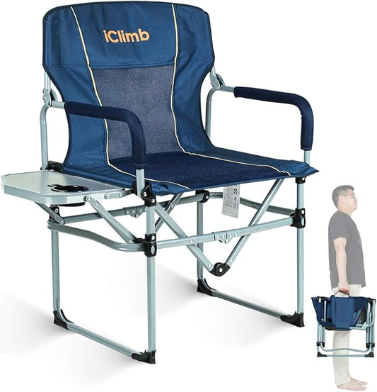 iClimb Heavy Duty Compact Camping Folding Mesh Chair with Side Table and Handle