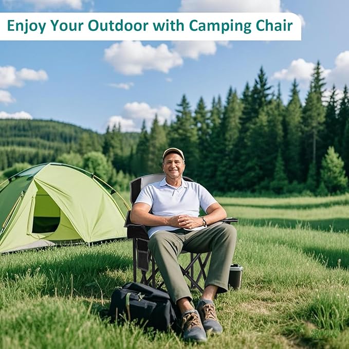 Heavy Duty Folding Camping Chair with Cooler Bag, Cup Holder, Storage Pocket, 450lbs Capacity with Large Anti-Sink Feet, Portable Padded Chair for Camping, Beach, Fishing, Sports, Black