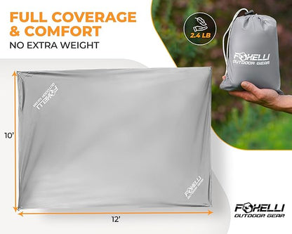 Foxelli Camping Tarp - 12x10ft Waterproof Rain Tarp, Lightweight Backpacking Rainfly Shelter with Included Extra Long Guy Lines & Stakes
