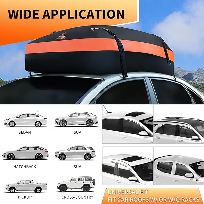 Car Rooftop Cargo Carrier Bag, 15 Cubic Feet Waterproof Heavy Duty 720D Car Roof Luggage Bag for All Vehicle with/Without Racks - Storage Bag, Anti-Slip Mat, 4 Door Hooks