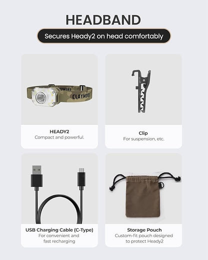 Claymore Heady2 (Tan) - Rechargeable LED Headlamp Flashlight, Lightweight for Camping, Running, Hiking, Emergency & Industrial Use. USB-C Charging, Up to 40 Hours Battery Life, Waterproof.